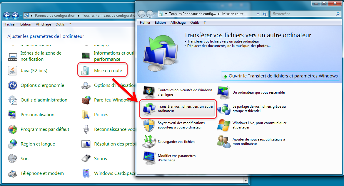 transfert de fichiers et paramètres windows
