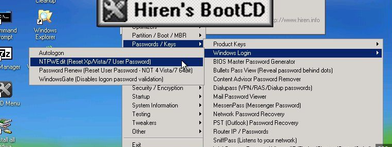 Comment utiliser le BootCD de Hirens pour réinitialiser un mot de passe Windows
