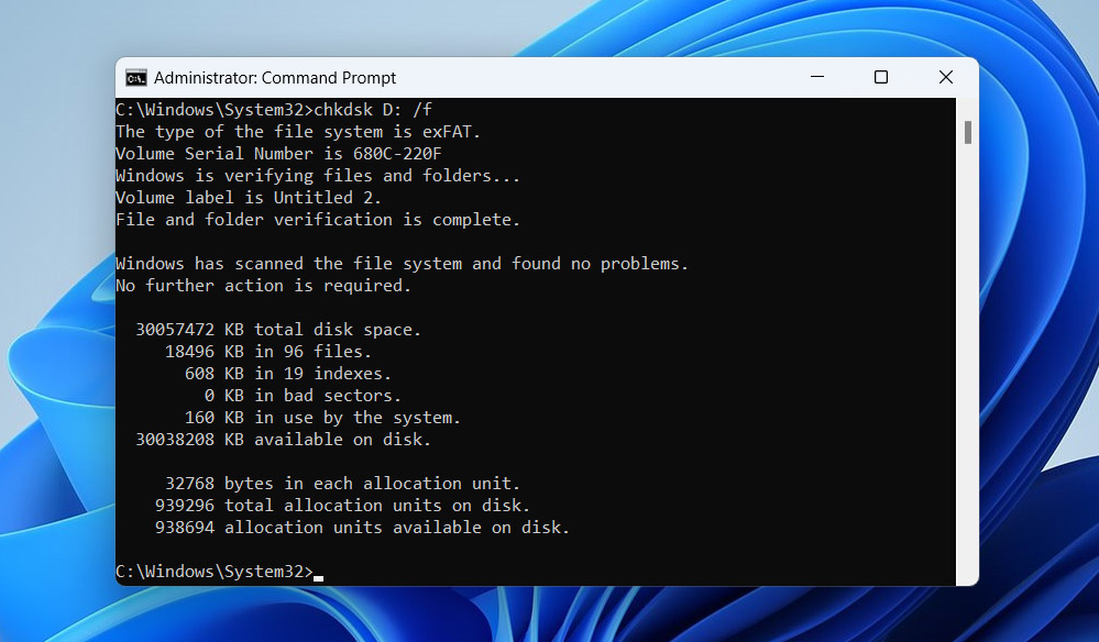 Résultats de la commande CHKDSK