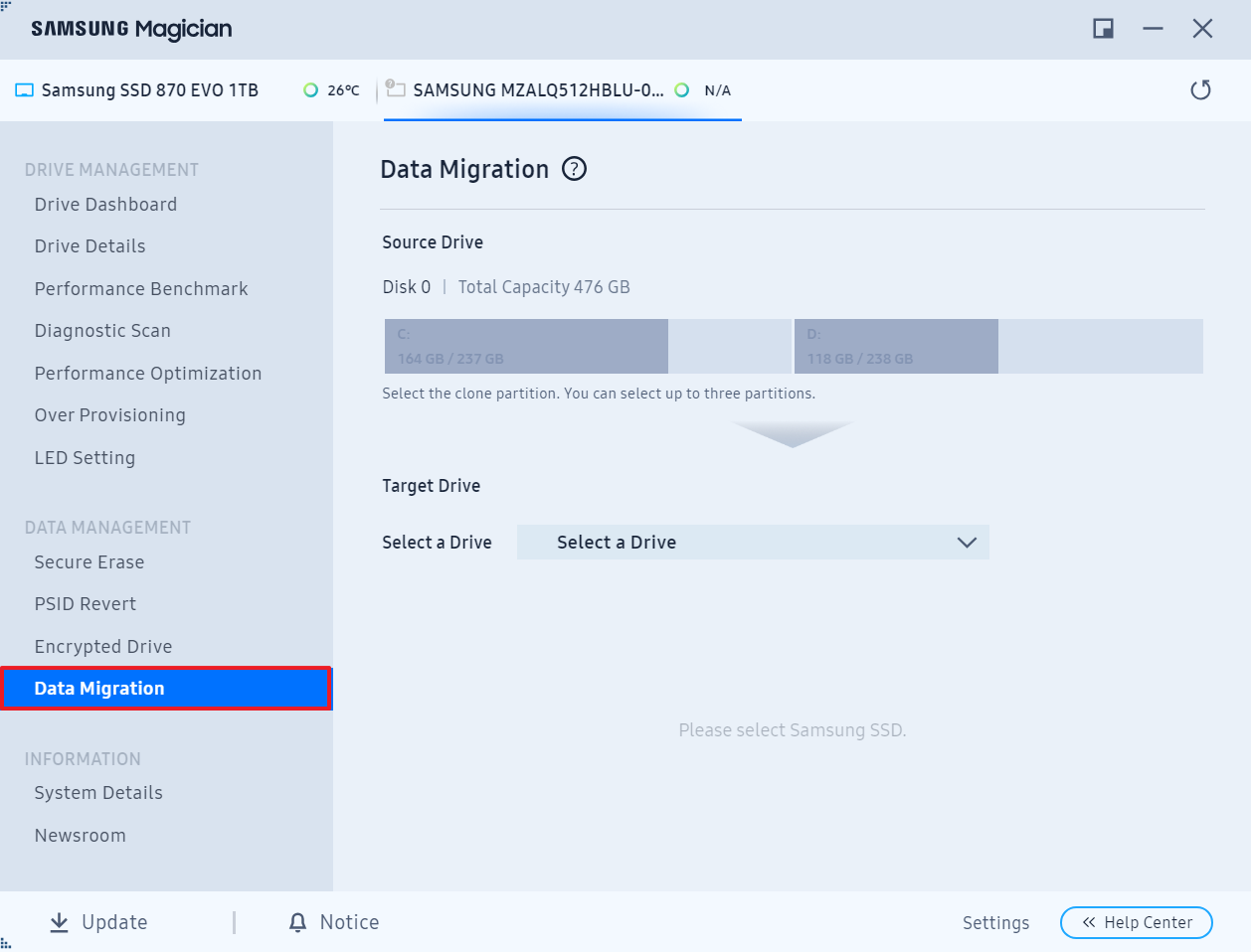 Lancer Samsung Magician et cliquer sur Migration de Données