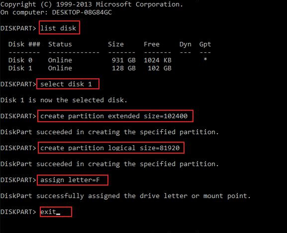 diskpart définir la partition logique