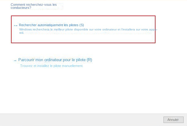 Sélectionnez l'option Rechercher automatiquement les pilotes