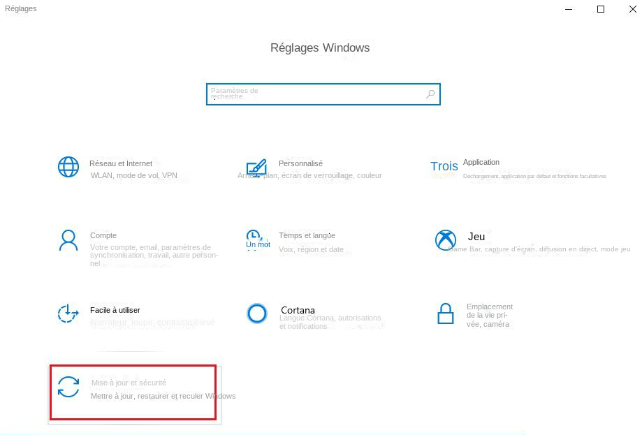 Sélectionnez les options de mise à jour et de sécurité