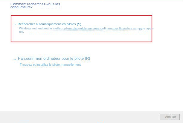 Sélectionnez l'option Rechercher automatiquement les pilotes