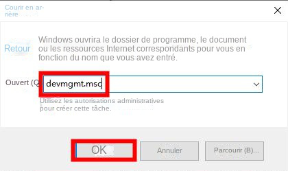Entrez la commande pour ouvrir le Gestionnaire de périphériques
