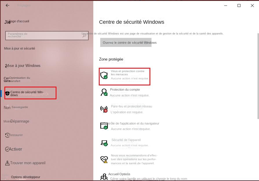 Cliquez pour accéder à Protection contre les virus et menaces