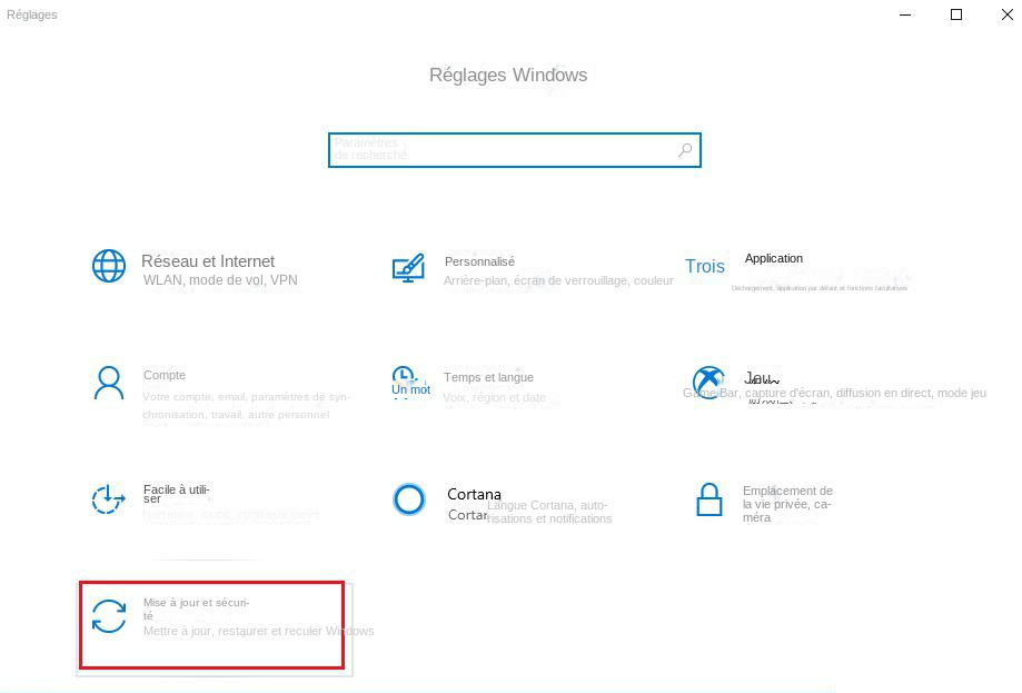 Sélectionnez les options de mise à jour et de sécurité