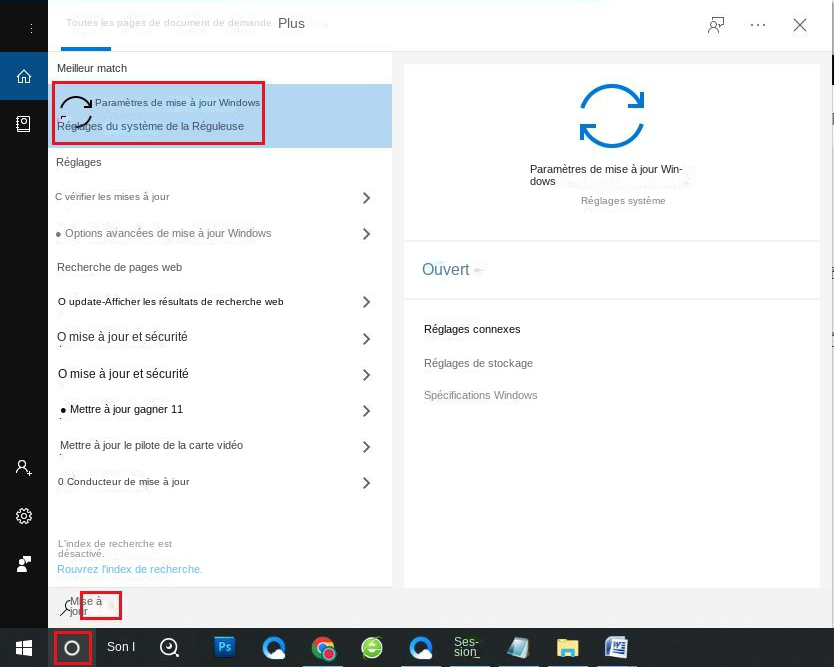 Rechercher les paramètres de mise à jour Windows