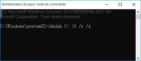 Entrez chkdsk C: /f /r /x