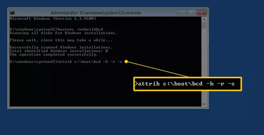 Entrez l'attribut c:\bootbcd -h -r -s