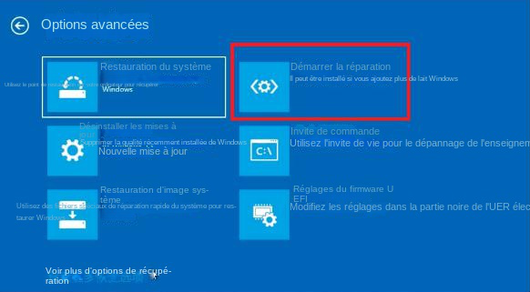 Sélectionnez l'option de réparation de démarrage