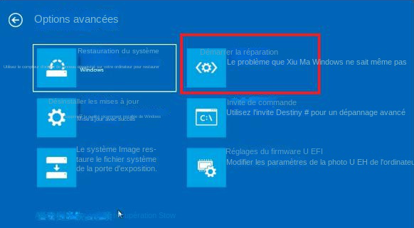Sélectionnez l'option de réparation de démarrage