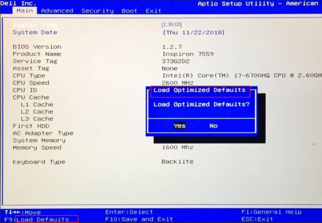 option du BIOS de l'ordinateur Dell charger les valeurs par défaut