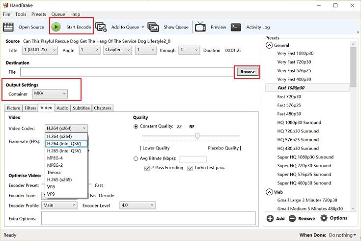 Interface de fonctionnement du logiciel HandBrake