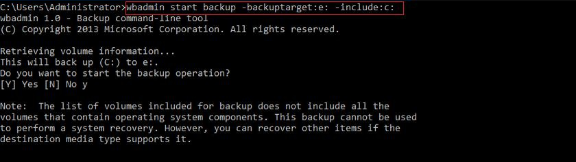 Entrez Wbadmin start backup -backuptarget:e : -include:c :