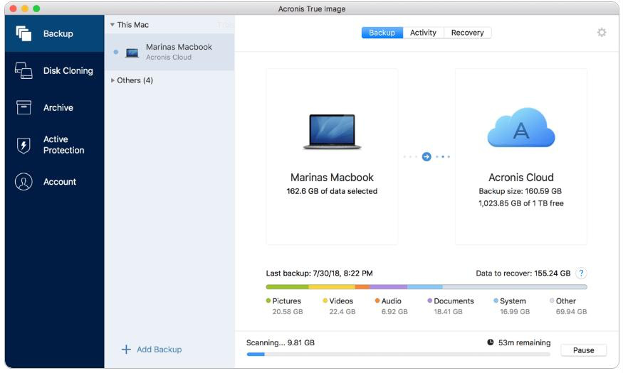 Interface utilisateur du logiciel Acronis True Image