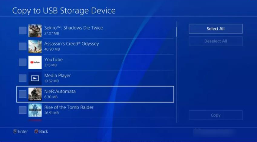 Sélectionnez le jeu à copier sur le périphérique de stockage USB
