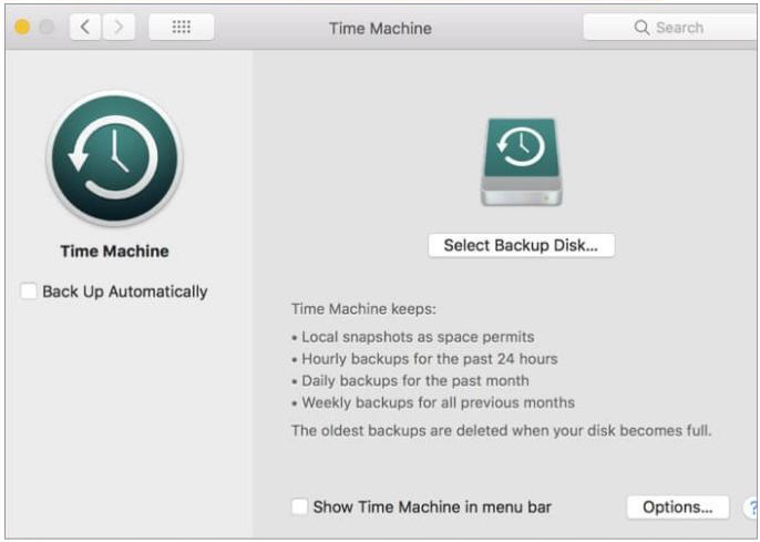 Interface utilisateur du logiciel Time Machine