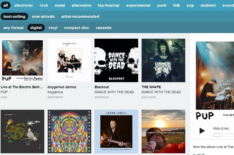 Interface du site Bandcamp