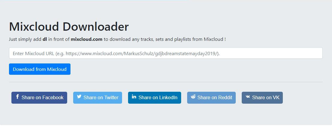 Interface de téléchargement en ligne Mixcloud Downloader