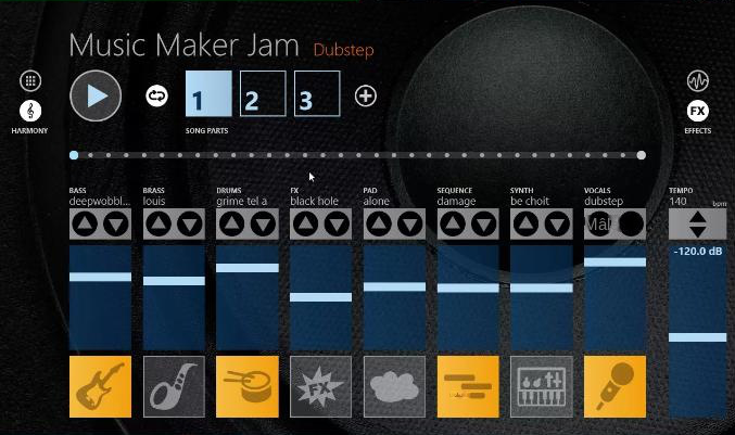 Interface d'utilisation du logiciel Music Maker JAM