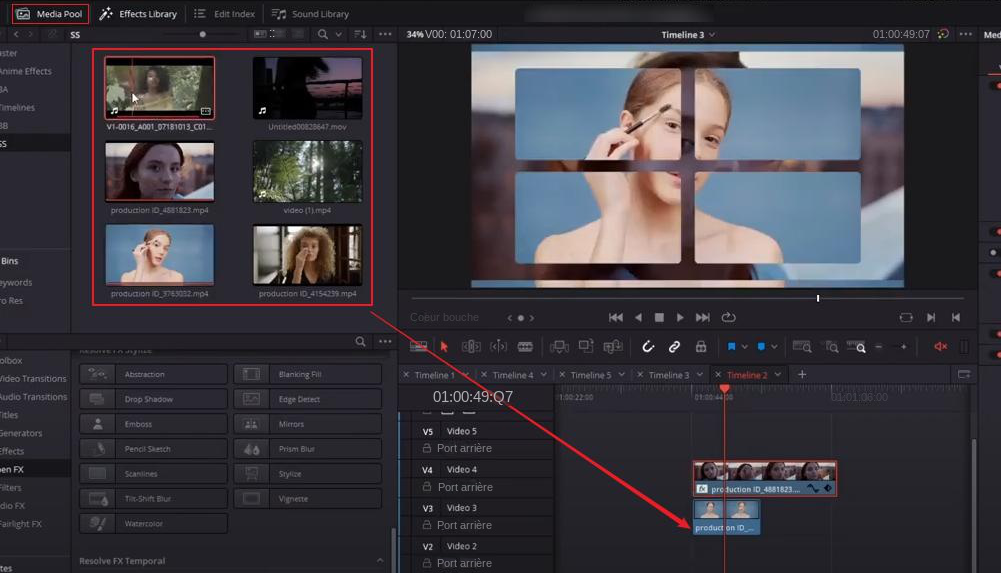 DaVinci Resolve ajoute de nouvelles séquences vidéo à la timeline