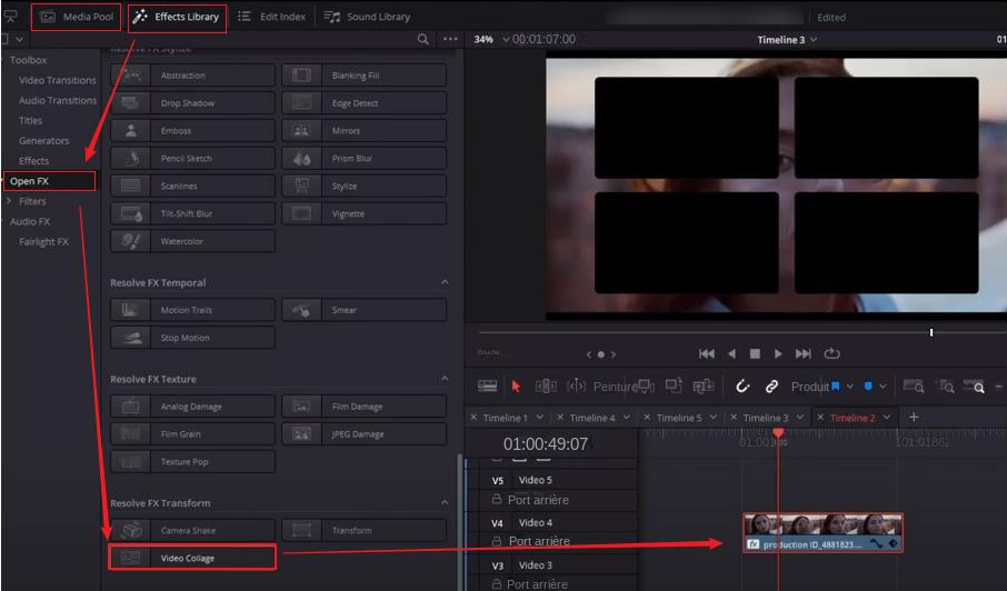 Importez la vidéo dans DaVinci Resolve et sélectionnez le style d'écran partagé