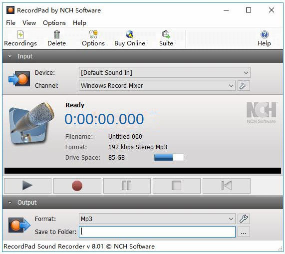 Interface de fonctionnement du logiciel d'enregistrement RecordPad