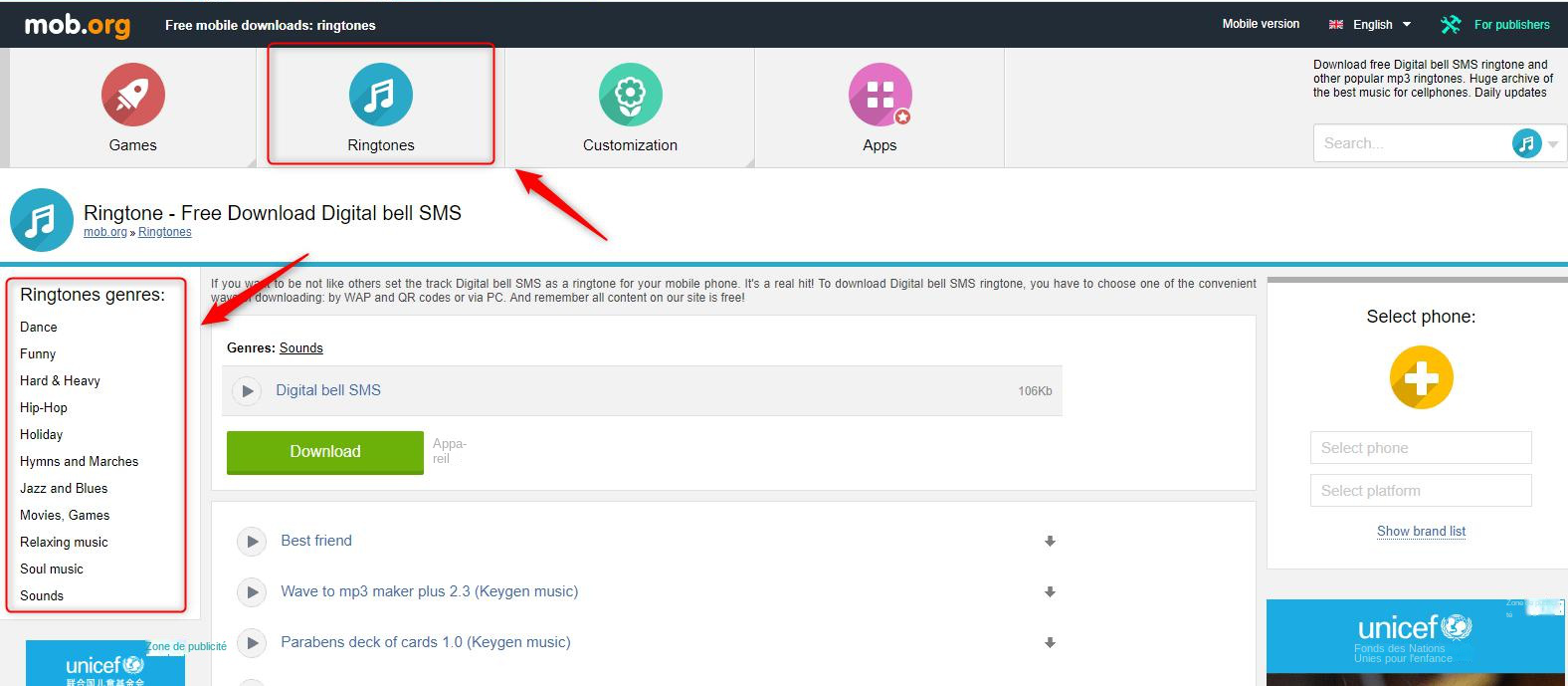 Sélectionnez le type de sonnerie sur mob.org