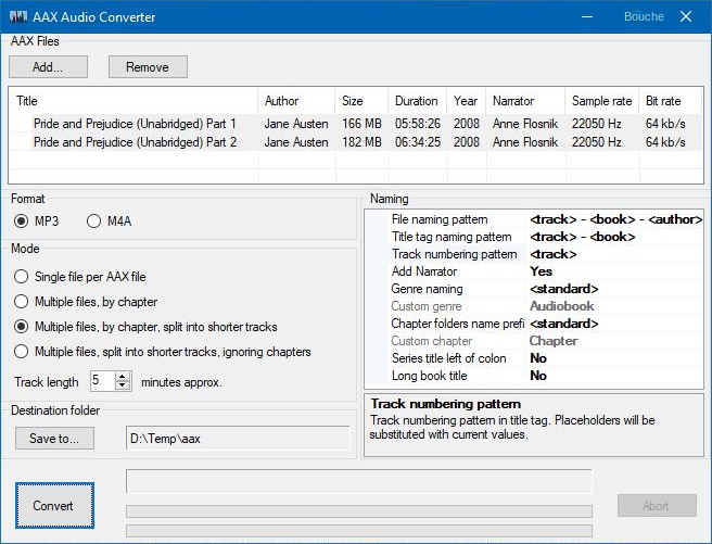 Interface de fonctionnement du logiciel AAX Audio Converter