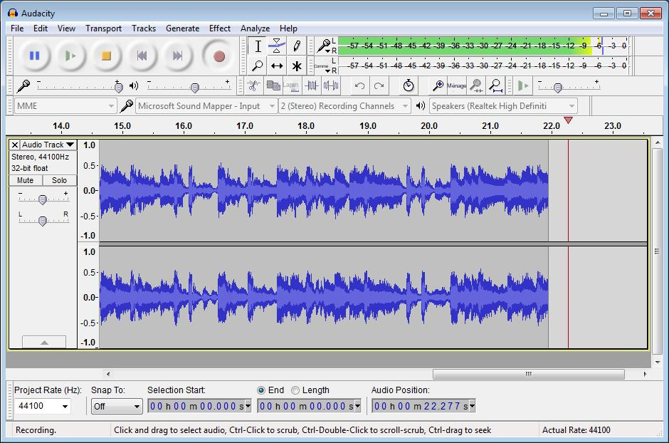 Interface de fonctionnement du logiciel Audacity