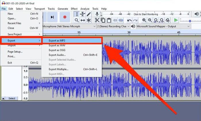 Choisissez d'enregistrer au format MP3 dans le logiciel Audacity