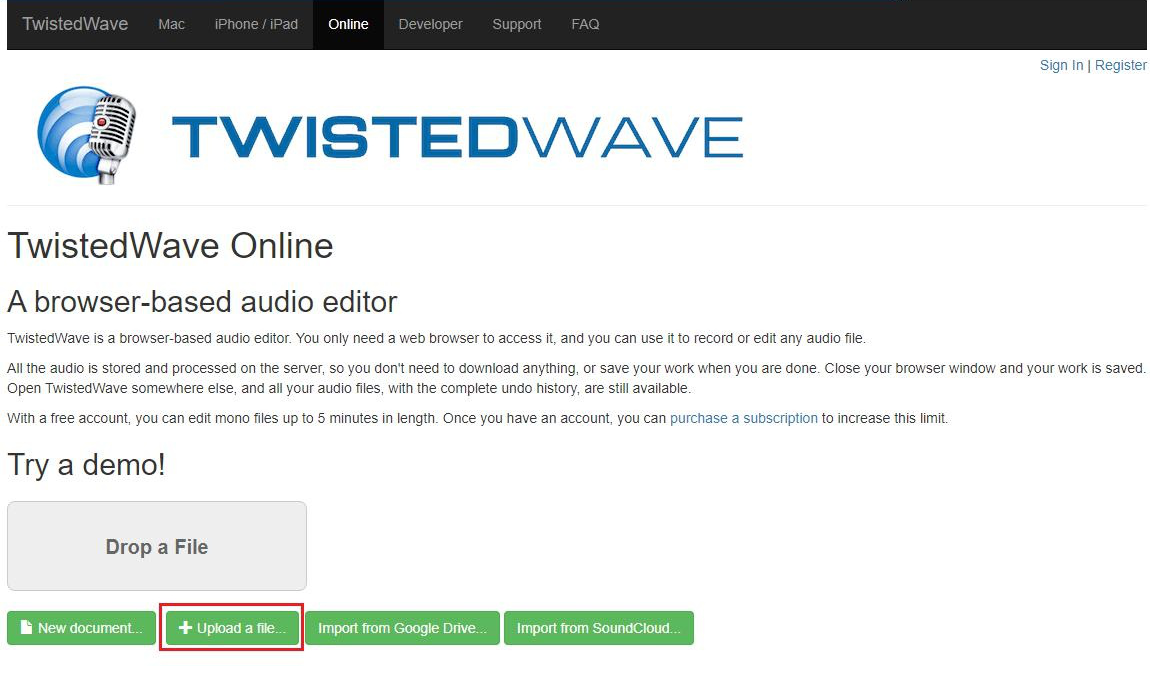 Télécharger des fichiers sur TwistedWave Online