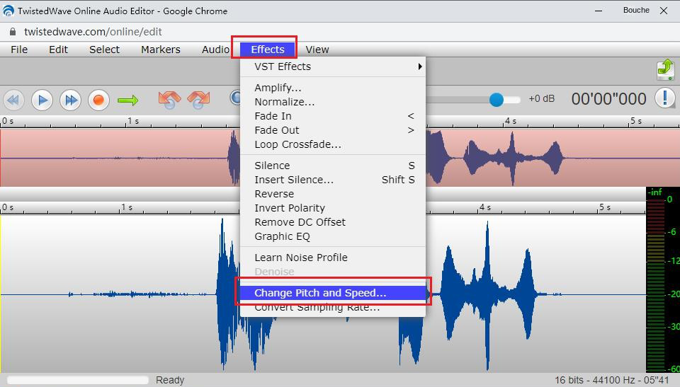 Ouvrez l'interface de réglage de la vitesse dans la fenêtre d'édition audio TwistedWave Online