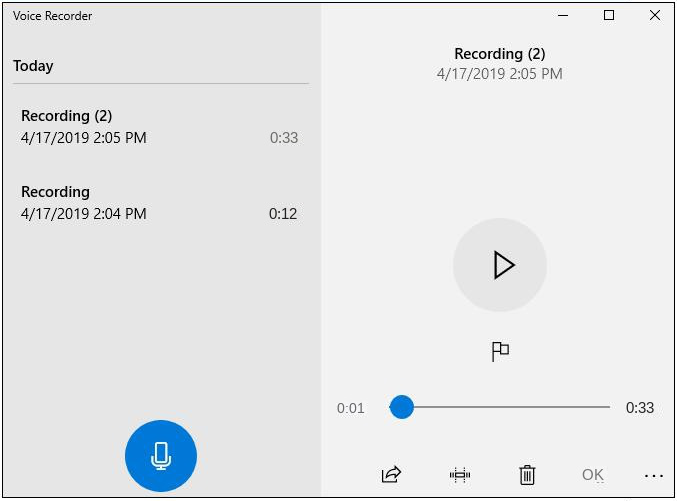 Interface d'enregistrement du logiciel Windows Voice Recorder