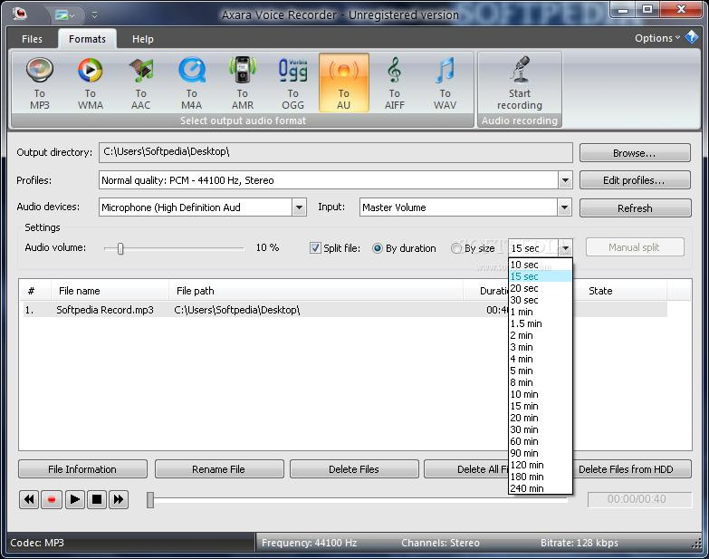Interface de fonctionnement du logiciel d'enregistrement vocal Axara