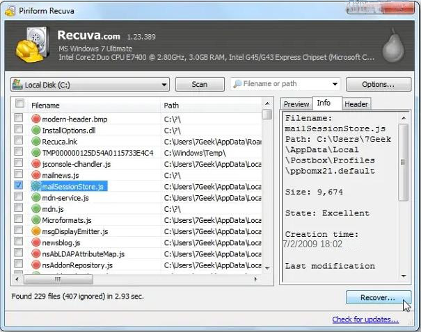 Résultats de l'analyse du logiciel Piriform Recuva