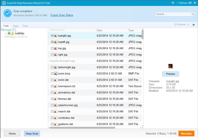 Interface de fonctionnement du logiciel EaseUS Data Recovery Wizard