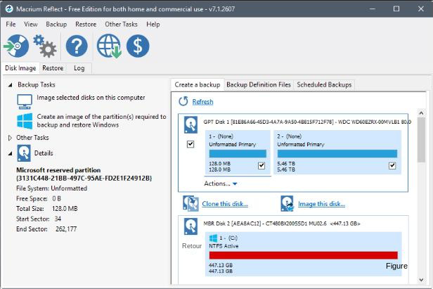 Interface utilisateur du logiciel Macrium Reflect