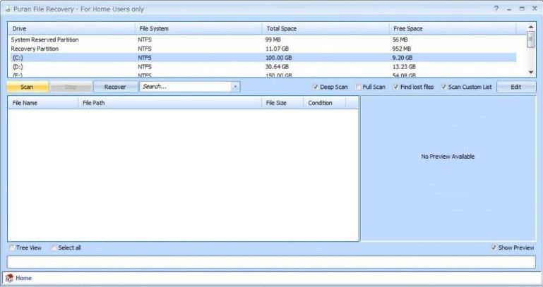 Interface de fonctionnement du logiciel Puran Data Recovery