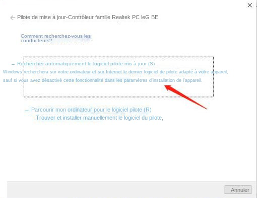 Sélectionnez l'option Rechercher automatiquement le logiciel du pilote mis à jour