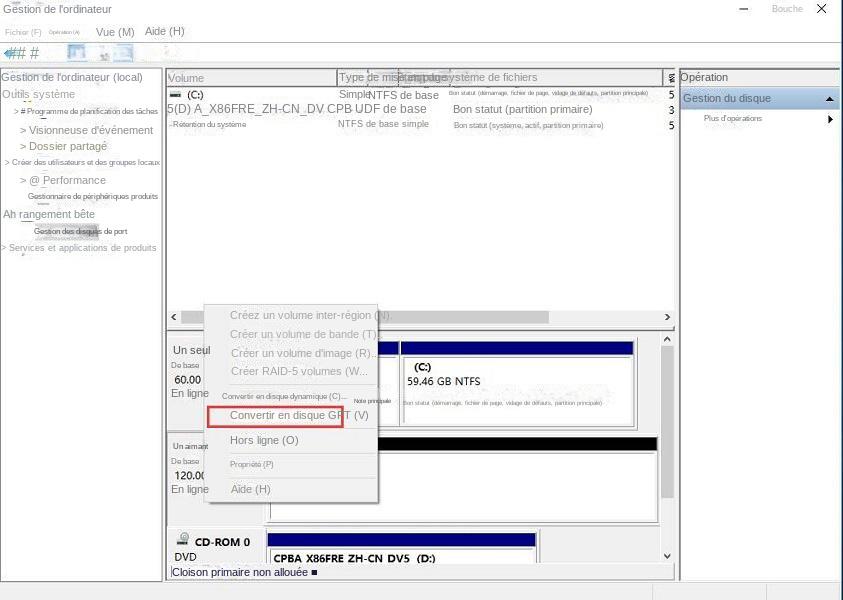La gestion des disques convertit en disque GPT