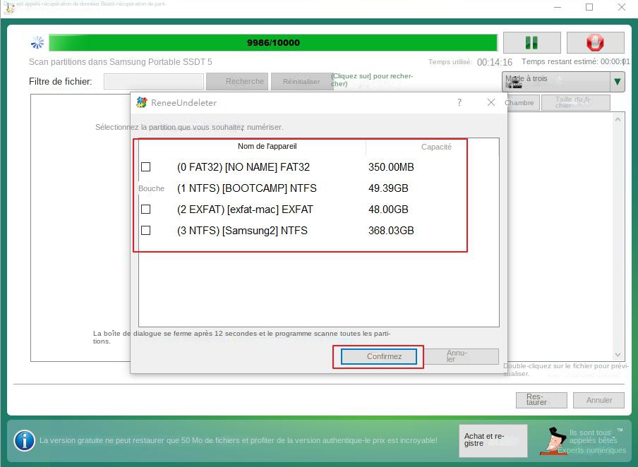 Sélectionnez la partition appropriée à analyser