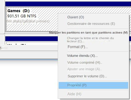 propriétés de clic de gestion de disque