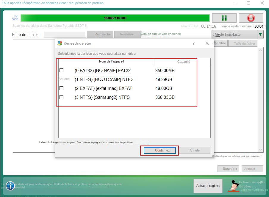 Sélectionnez la partition appropriée à analyser