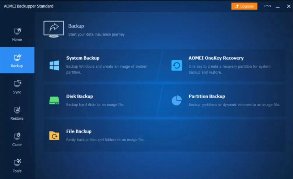 Interface de fonctionnement du logiciel AOMEI Backupper