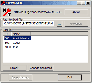 NTPWEdit pour réinitialiser le mot de passe Windows
