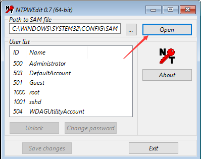 NTPWEdit sélectionne la partition Windows