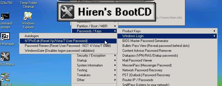 Outil de renouvellement du mot de passe dans le CD de démarrage Hiren