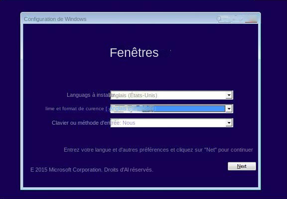Écran d'installation de Windows